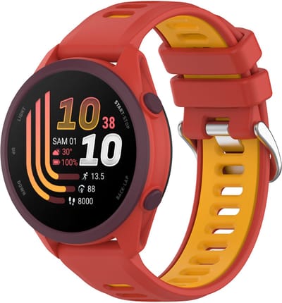 Stravo 22mm Quick Release Siliconen Sport Bandje – Geschikt voor Garmin Forerunner 255 / 265 / 935 / 945, Vivoactive 4, Venu 2 / 3 / 4 45mm, Samsung Galaxy Watch 3 45mm / Galaxy Watch 46mm en Huawei Watch GT 46mm – Tweekleurig Bandje – Rood / Geel