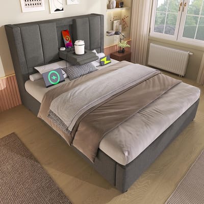 BLACKCOLORS Gestoffeerd bed 90 x 200 cm Eenpersoonsbed met verborgen bekerhouder en oplaadstation, hydraulisch bed met opbergruimte onder het bed, inclusief lattenbodem, grijs linnen (zonder matras)