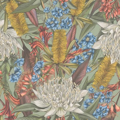 Bloemen behang Profhome 394281-GU vliesbehang hardvinyl warmdruk in reliëf licht gestructureerd met bloemmotief mat groen geel blauw rood 5,33 m2