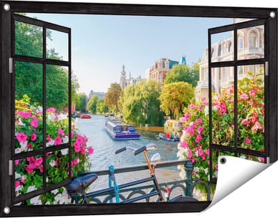 Gards Tuinposter Doorkijk Amsterdamse Kanaal met Bloemen - 90x60 cm - Tuindoek - Tuindecoratie - Wanddecoratie buiten - Tuinschilderij