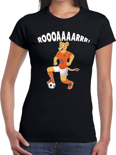 Nederland supporter t-shirt dameselftal Leeuwin roooaaaarrr met bal zwart dames - landen kleding S