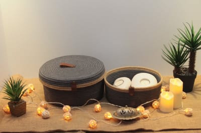 OZ Home - 2-delige Mandenset met Deksel - Donkerblauw/Beige - Duurzaam & Functioneel - Voor Compacte Opslag en Decoratie