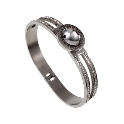 Luxe Bangle Armband met Zirkonia en Transparante Cabochons, Stijve Dames Armband RVS Gepolijst