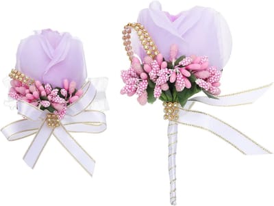 Pols Corsage Set - Bloem Accessoires - Feestelijke Aankleding - Verstelbare Band - 7x7cm en 12x7cm - Roze Paars