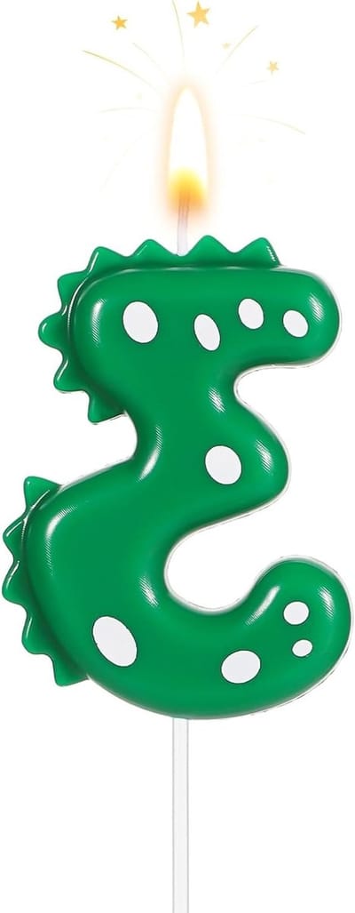 Verjaardagskaars in de vorm van een dinosaur, 7 cm hoog, voor taartdecoratie en themafeesten (Cijfer 3)