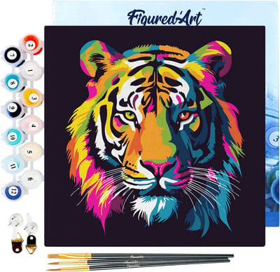 Figured'Art Mini Schilderen op Nummer Volwassenen 20x20cm met lijst Tijger Abstracte Pop-Art - Klein Formaat Creatieve Hobby Kit DIY Art Nummer Compleet