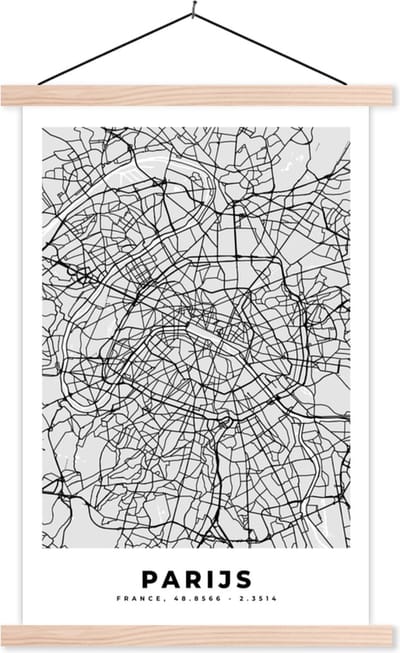 Posterhanger incl. Poster 40x60 cm - Schoolplaat - Parijs - Stadskaart - Zwart Wit - Plattegrond - Kaart - Textielposter - Blanke latten - Stadskaart