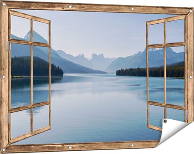 Gards Tuinposter Doorkijk Meer bij de Bergen in Alberta, Canada - 120x80 cm - Tuindoek - Tuindecoratie - Wanddecoratie buiten - Tuinschilderij