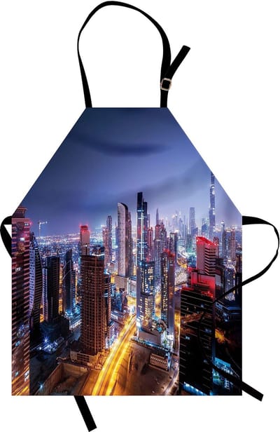 ABAKUHAUS Stads-kookschort, Nachttijd op Dubai-heldere display, Verenigde Arabische Emiraten toeristische attractie reis-thema, in hoogte verstelbaar, machinewasbaar, geen vervaging, veelkleurig