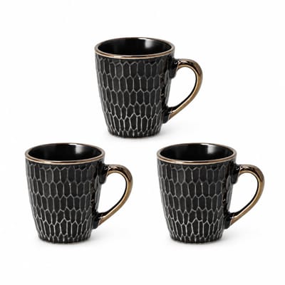 Koffiemokken Set van 3 – Keramische Mokken met Oor – 200 ml – Zwart Gouden Koffiebekers voor Koffie en Thee