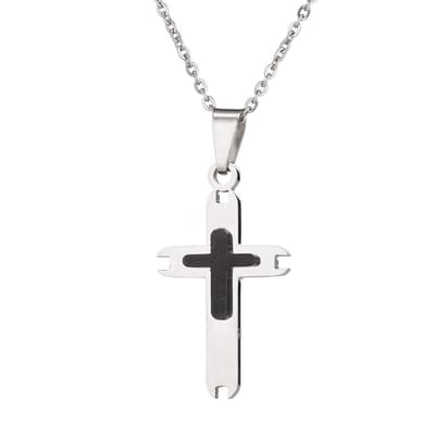 Fako Bijoux - Ketting Met Kruisje Zilver/Zwart - Stainless Steel - RVS - Staal - Zilverkleurig