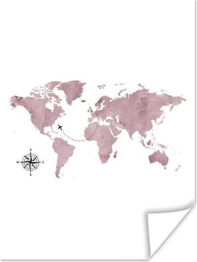 Wereldkaarten - Wereldkaart - Roze - Reizen - 60x80 cm