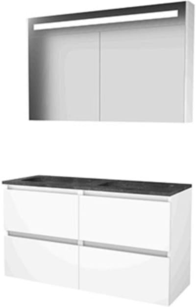 Basic-Line Premium 46 Badkamermeubelset - 120 x 46 cm - Greeploos - 4 Lades - Hardstenen Wastafel - Zonder Kraangat - Spiegelkast met LED Verlichting - Ice White