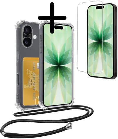 Hoes Geschikt voor iPhone 17 Hoesje Pas Houder Shock Proof Case Hoes Met Koord Met Screenprotector - Hoesje Geschikt voor iPhone 17 Hoes Met Telefoonkoord Pasjeshouder Cover - Transparant