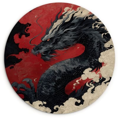 WallCircle® Wandcirkel 120x120 cm - Muurcirkel Zwarte draak - Rookwolken - Rood - Muurdecoratie woonkamer - Wanddecoratie slaapkamer - Kamer decoratie accessoires - Ronde schilderijen XXL