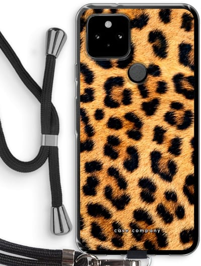 Case Company® - Hoesje met koord geschikt voor Google Pixel 5 hoesje met Koord - Luipaard - Telefoonhoesje met Zwart Koord - Bescherming aan alle Kanten en Over de Schermrand