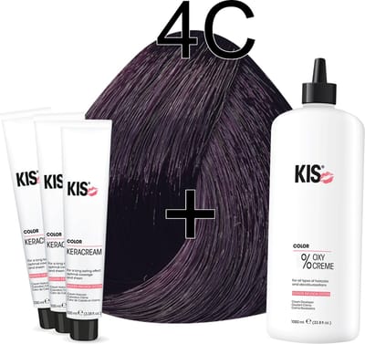 Kis KeraCream Color - 100ml - Haarverf Set - 4C Middel cassis | KIS - (3 x haarverf & 1L waterstofperoxide)