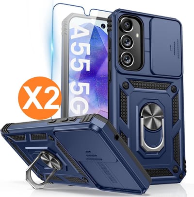 Hoesje Geschikt voor Samsung Galaxy A55 hoesje backcover Blauw met Met Draaibare Ring Houder en camera bescherming - Galaxy A55 Screenprotector - 2 stuks