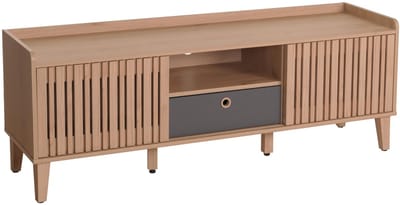 TV-rek MCW-M48, lowboard TV-meubel, schuifdeur 56x150x40cm ~ beige, lade grijs