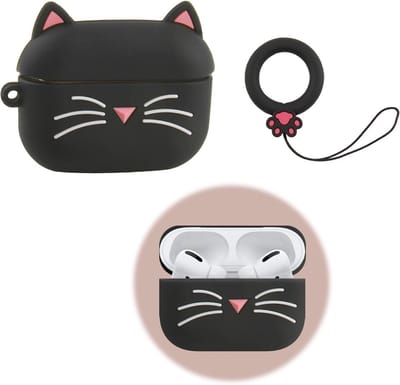 Allecto Plus - Zachte siliconen hoes met karabijnhaak voor Airpods Pro - Zwart kattenmotief - Compatibel met Airpods Pro 1 en 2 - Schokbestendig - Grappig 3D-design