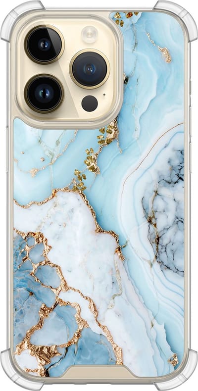 Shockproof hoesje - Geschikt voor iPhone 14 Pro - Marmer babyblauw - Extra sterke case - TPU/polycarbonaat - Marmer - Blauw, Transparant