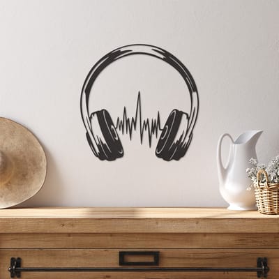 Wanddecoratie Muziek - Muurdecoratie Hoofdtelefoon - Muurdecoratie Hout - Wanddecoratie Hout - Muurdecoratie Woonkamer - Wanddecoratie Woonkamer - Wanddecoratie Industrieel - Wanddecoratie Headset - Home Decor - Wall Line Art - 29 x 28.5 cm