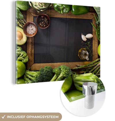 MuchoWow® Glasschilderij 120x90 cm - Schilderij acrylglas - Fruit - Krijtbord - Groente - Foto op glas - Schilderijen