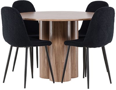 Olivia eethoek tafel Ø110cm en 4 teddy stoelen bruin.