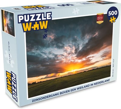 Puzzel Zonsondergang boven een weiland in Nederland - Legpuzzel - Puzzel 500 stukjes