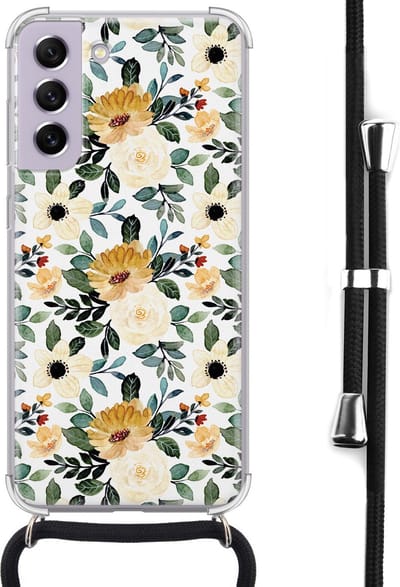 Hoesje met koord - Geschikt voor Samsung Galaxy S21 FE - Lovely flowers - Verstelbaar zwart koord - Crossbody - Bloemen - Transparant, Geel - Leuke Telefoonhoesjes