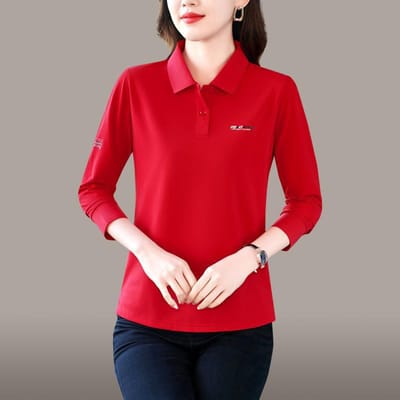 T-shirt met lange mouwen voor dames Dun model Moeder Herfst Ijszijde Top Middelbare leeftijd Dames Revers T-shirt Poloshirt XL red