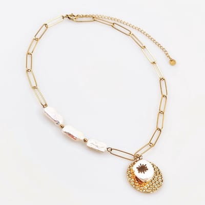 Paperclip Schakelketting Dames - RVS Geel Gold Plated - Dottillove Ketting met Zoetwaterparels