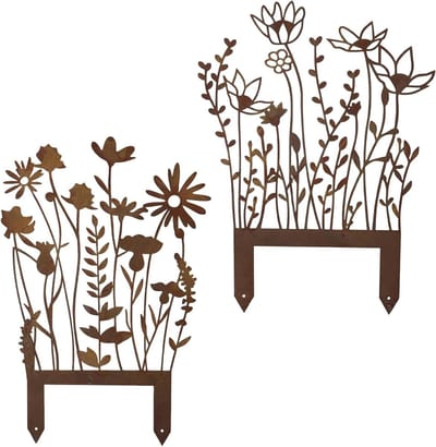 Tuinstekers Roest - Bloemenstekers Metaal - Tuin Decoratie - Vintage Bloemenmotief - 2 Stuks 35cm - Roestkleur
