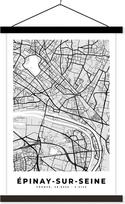 Posterhanger incl. Poster 40x60 cm - Schoolplaat - Plattegrond - Épinay-sur-Seine - Stadskaart - Kaart - Frankrijk - Textielposter - Zwarte latten - Stadskaart