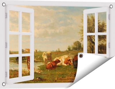 Gards Tuinposter Doorkijk Koeien in de Weide - Gerard Bilders - 60x40 cm - Tuindoek - Tuindecoratie - Wanddecoratie buiten - Tuinschilderij