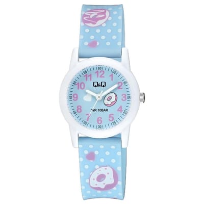 Q&Q V22A-002VY - Horloge - Polshorloge - Sport - Analoog - Kinderen - Unisex - Plastic band - Rond - Kunststof - Cijfers - Stippen - Donuts - LichtBlauw - Wit - Roze - 10 ATM