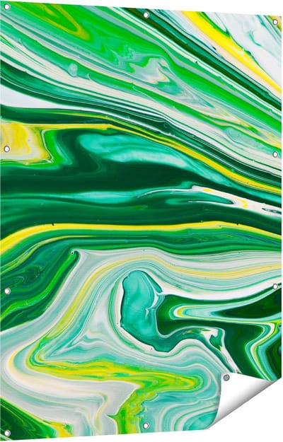 Gards Tuinposter Abstracte Kunst - Groen met Gele Verf - 90x120 cm - Tuindoek - Tuindecoratie - Wanddecoratie buiten - Tuinschilderij