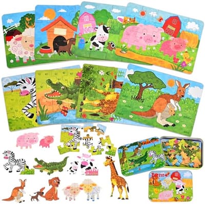 Houten Puzzelset voor Kinderen Vanaf 2 Jaar met 8 Dierenpuzzels - Educatief Speelgoed