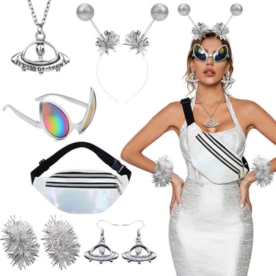 Buitenaardse kostuum accessoires set 8-delig voor Halloween en themafeesten – zilveren alien outfit met bril, handschoenen en hoofddeksel voor volwassenen en kinderen