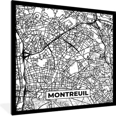 Fotolijst incl. Poster Zwart Wit- Stadskaart - Plattegrond - Montreuil - Kaart - Frankrijk - Zwart wit - 40x40 cm - Posterlijst