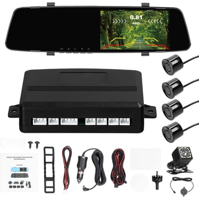 1080P DVR Dashcamera met 4 Parkeersensoren Achteruitrijradars Dubbele Camera voor en Achter tijdens het Rijden zwart