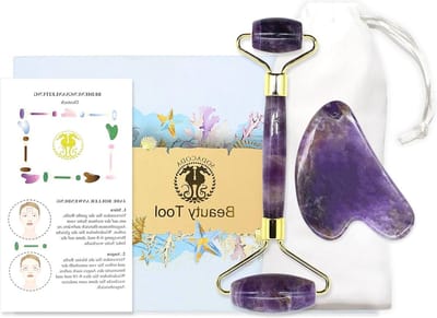 Traditionele Chinese beauty gezichtsmassage set - halfedelsteen schraper en roller - amethist uit Brazilië