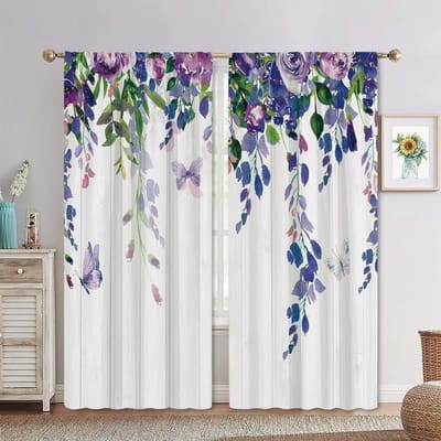2 Panelen Europese Pastorale Stijl Minimalistische Wind Plant Gordijnen, Groen Blad Bloem Gordijnen voor Woonkamer, Slaapkamer, Decoratief W60xH100(CM)x2pcs&Rod Pocket