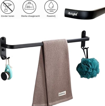 iBright Handdoekrek 1 laag - Zelfklevend of boren - handdoekstang - Handdoekenrek - Handdoekhouder - 60 cm - Mat Zwart