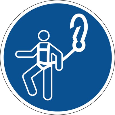 Karabijnhaak gebruiken verplicht sticker 150 mm