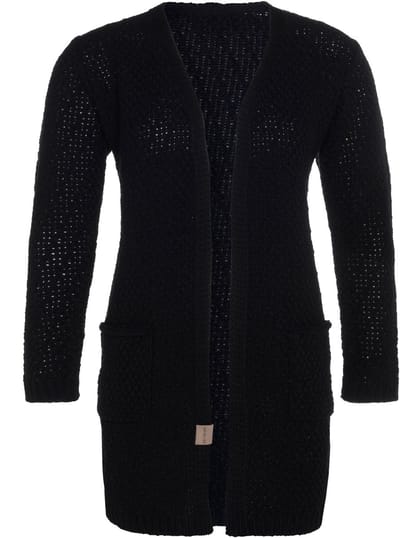 Knit Factory Luna Gebreid Vest Zwart - Gebreide dames cardigan - Middellang vest reikend tot boven de knie - Zwart damesvest gemaakt uit 30% wol en 70% acryl - 36/38 - Met steekzakken