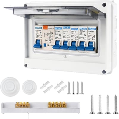 Elektrische Verdeelkast Buiten IP65 - 5-Ruimten 63A met RCD 30mA - Waterdichte Schakelkast 2x6A+10A+20A+32A voor Garage en Caravan