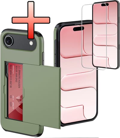 Hoes Geschikt voor iPhone Air Hoesje Pasjeshouder Hard Cover Met Screenprotector Shock Proof Hard Case Hoes Met Kaarthouder - Donkergroen