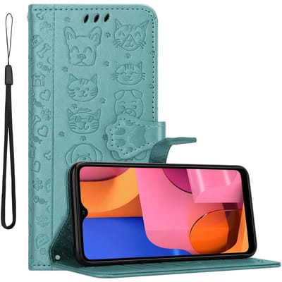 Cadorabo Hoesje geschikt voor Samsung Galaxy A20s in SHINY GROEN - Beschermhoes honden en katten met standfunctie en kaartsleuven Book Case Cover Etui