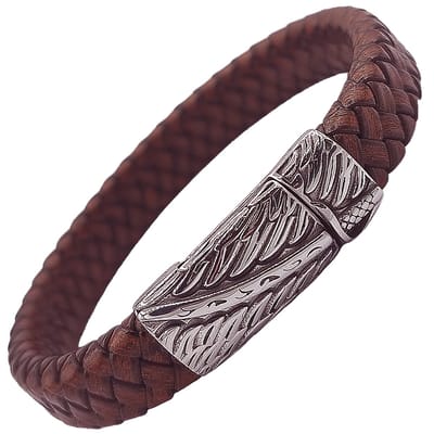 Gevlochten Heren Armband – 100% Echt Leder & Edelstaal – Magneetsluiting Sabel – 20,5  cm – Bruin  - Rhylane®